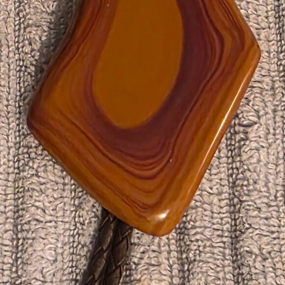 Vintage Metal Bolo Tie, Bennett, Nice Big Brown Stone Design with Stripes, Nice - Picture 3 of 7